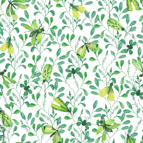 Green summer pattern hand drawn with watercolor. Bright beetles, dragonflies and butterflies in a joyful color scheme.