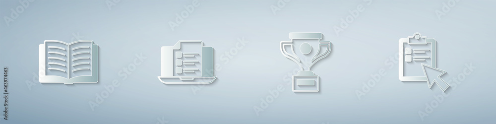 Set Open book, Online quiz, test, survey, Award cup and . Paper art style. Vector Set Open book, Online quiz, test, survey, Award cup and . Paper art style. Vector
