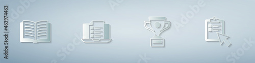 Set Open book, Online quiz, test, survey, Award cup and . Paper art style. Vector
