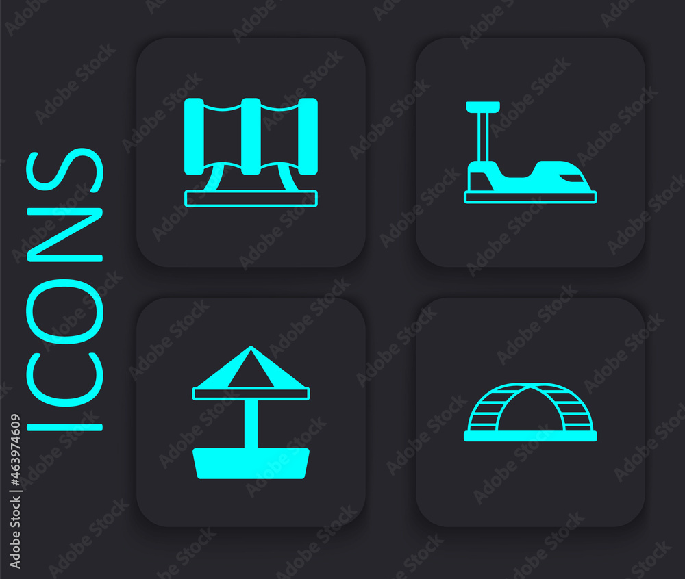 Set Monkey bar, Kid playground slide pipe, Bumper car and Sandbox with sand icon. Black square button. Vector Set Monkey bar, Kid playground slide pipe, Bumper car and Sandbox with sand icon. Black square button. Vector