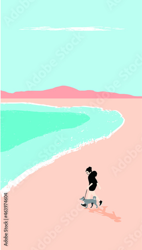 hooded dress, bare-legged, walking a dog under the blue sky on the beach, in front of the orange mountain, blue water and waves, calm, peaceful and relaxed.  