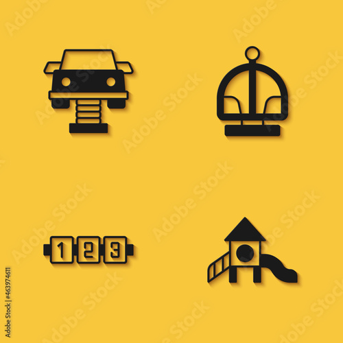 Set Swing car, Slide playground, Education logic game and Attraction carousel icon with long shadow. Vector