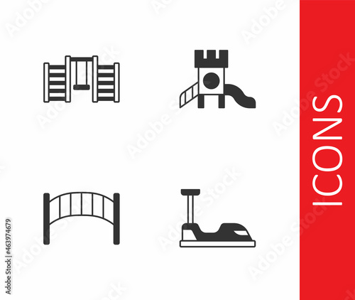 Set Bumper car, Swedish wall, Playground kids bridge and Slide playground icon. Vector