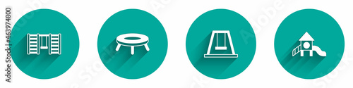 Set Swedish wall, Jumping trampoline, Swing for kids and Slide playground icon with long shadow. Vector