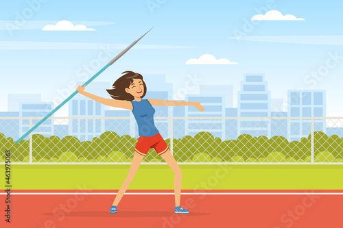 Olympic Sport with Woman Throwing Javelin or Spear Vector Illustration