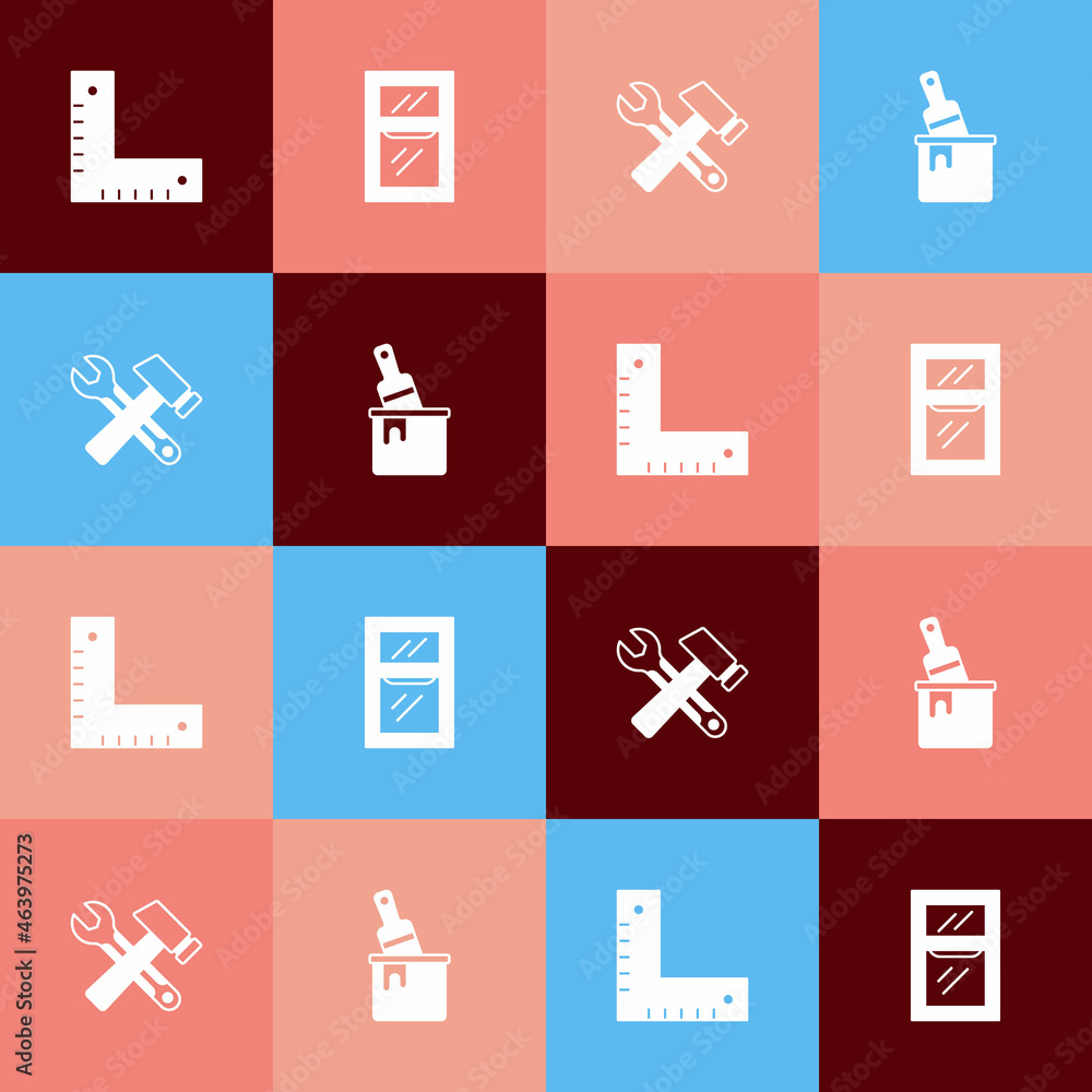 Set pop art Corner ruler, Window in room, Hammer and wrench spanner and Paint bucket with brush icon. Vector Set pop art Corner ruler, Window in room, Hammer and wrench spanner and Paint bucket with brush icon. Vector