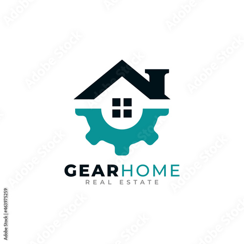 Gear Home Technology Logo Design Template. Cog Wheel Combined with House Icon Vector Illustration