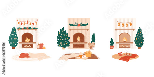 Set of Christmas scenes with fire places, carpets with blankets, gift boxes, cute cat, hot drink. Decorated elements, trees, potted winter plants. Cozy home interior, vector socks, poinsettia garland