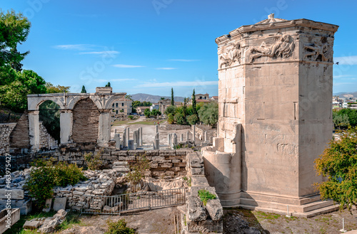 The ruins of the Roman Agora, located to the north of the Acropolis of Athens, in Greece. The Tower of the Winds, considered the world's first meteorological station, dominates the picture.