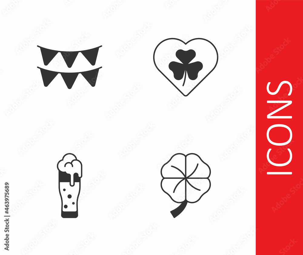 Set Four leaf clover, Carnival garland with flags, Glass of beer and Heart trefoil icon. Vector