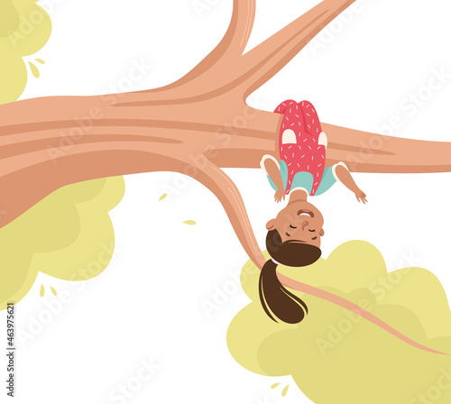 Happy Girl Hanging Upside Down on Tree Branch Having Fun Enjoying Summer Vector Illustration