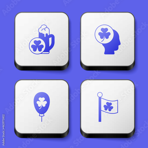 Set Glass of beer, Head with clover trefoil leaf, Balloon and Ireland flag icon. White square button. Vector