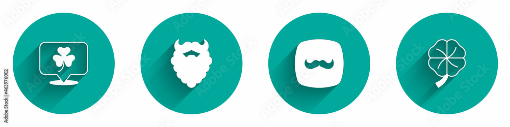 Set Clover trefoil leaf, Mustache and beard, and Four clover icon with long shadow. Vector Set Clover trefoil leaf, Mustache and beard, and Four clover icon with long shadow. Vector