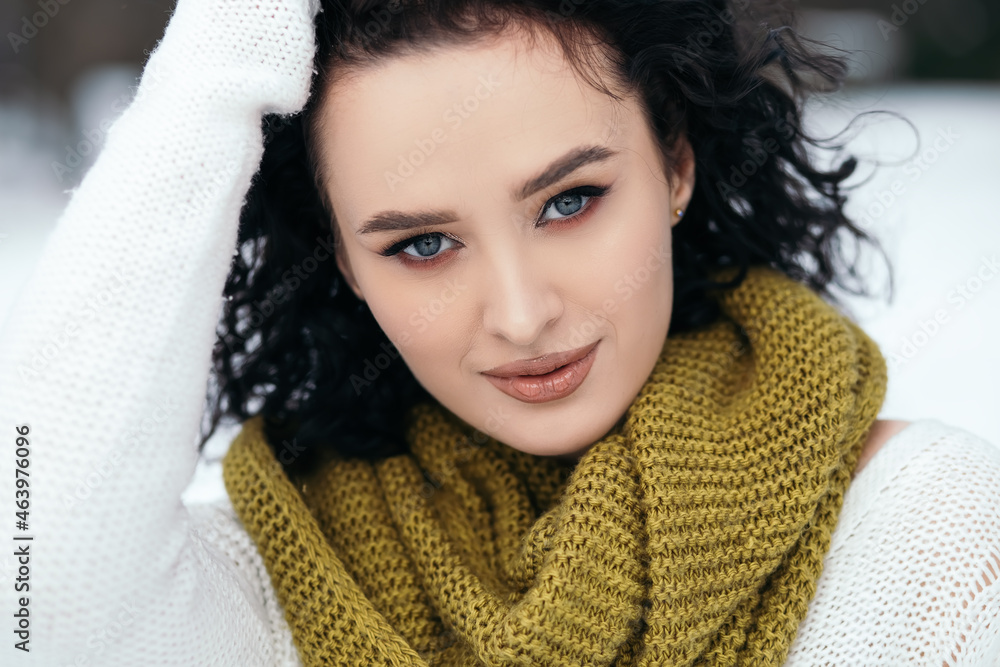 Pretty woman smile stand outside street snow сold park forest weather winter holiday New Year Christmas dressed knitted warm sweater and scarf, blue eyes copy space blurred bokeh background.
Pretty woman smile stand outside street snow сold park forest weather winter holiday New Year Christmas dressed knitted warm sweater and scarf, blue eyes copy space blurred bokeh background.