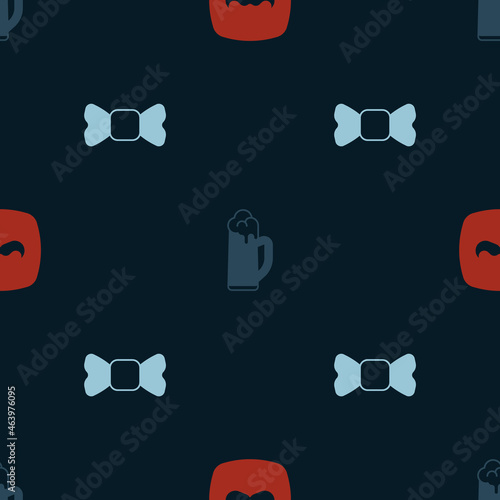 Set Mustache, Glass of beer and Bow tie on seamless pattern. Vector