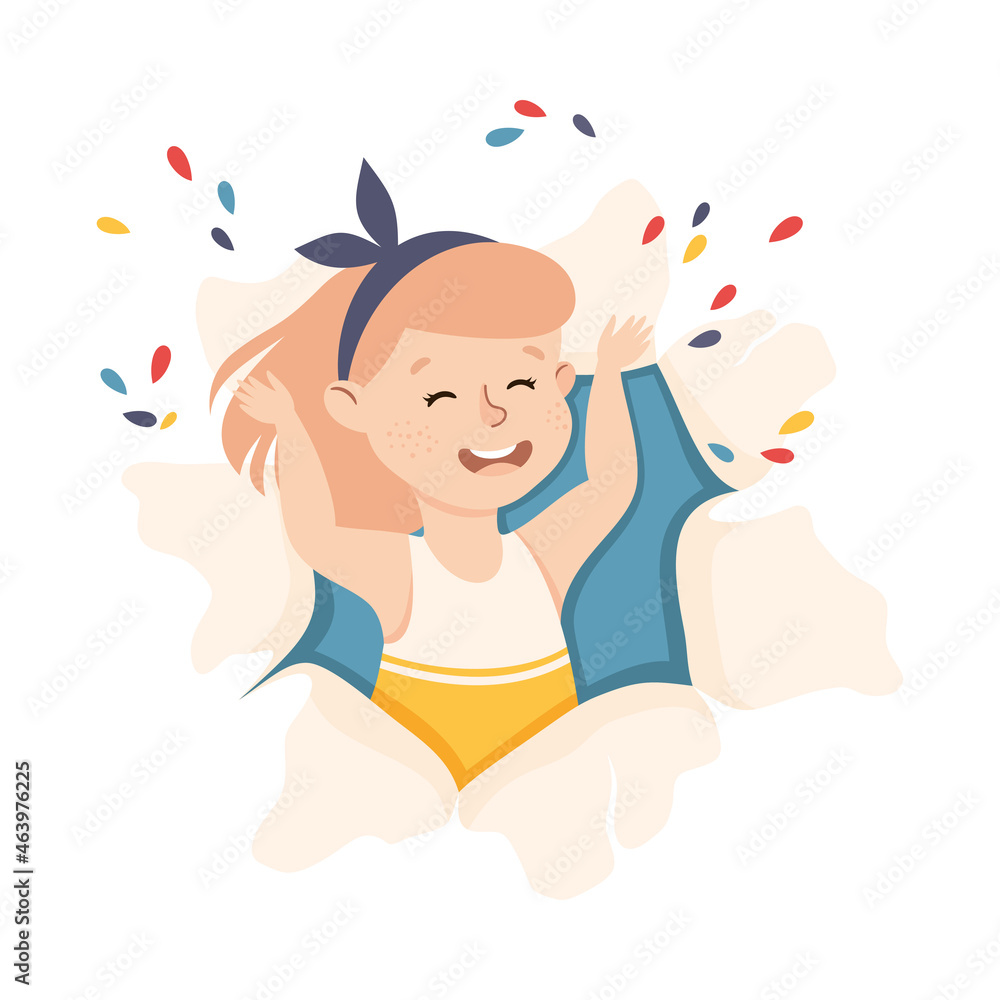 Cheerful Girl Looking Through Torn Paper Hole with Confetti Explosion Vector Illustration Cheerful Girl Looking Through Torn Paper Hole with Confetti Explosion Vector Illustration