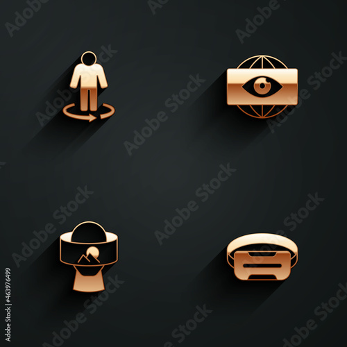 Set 3d modeling, Big brother electronic eye, Virtual reality glasses and icon with long shadow. Vector