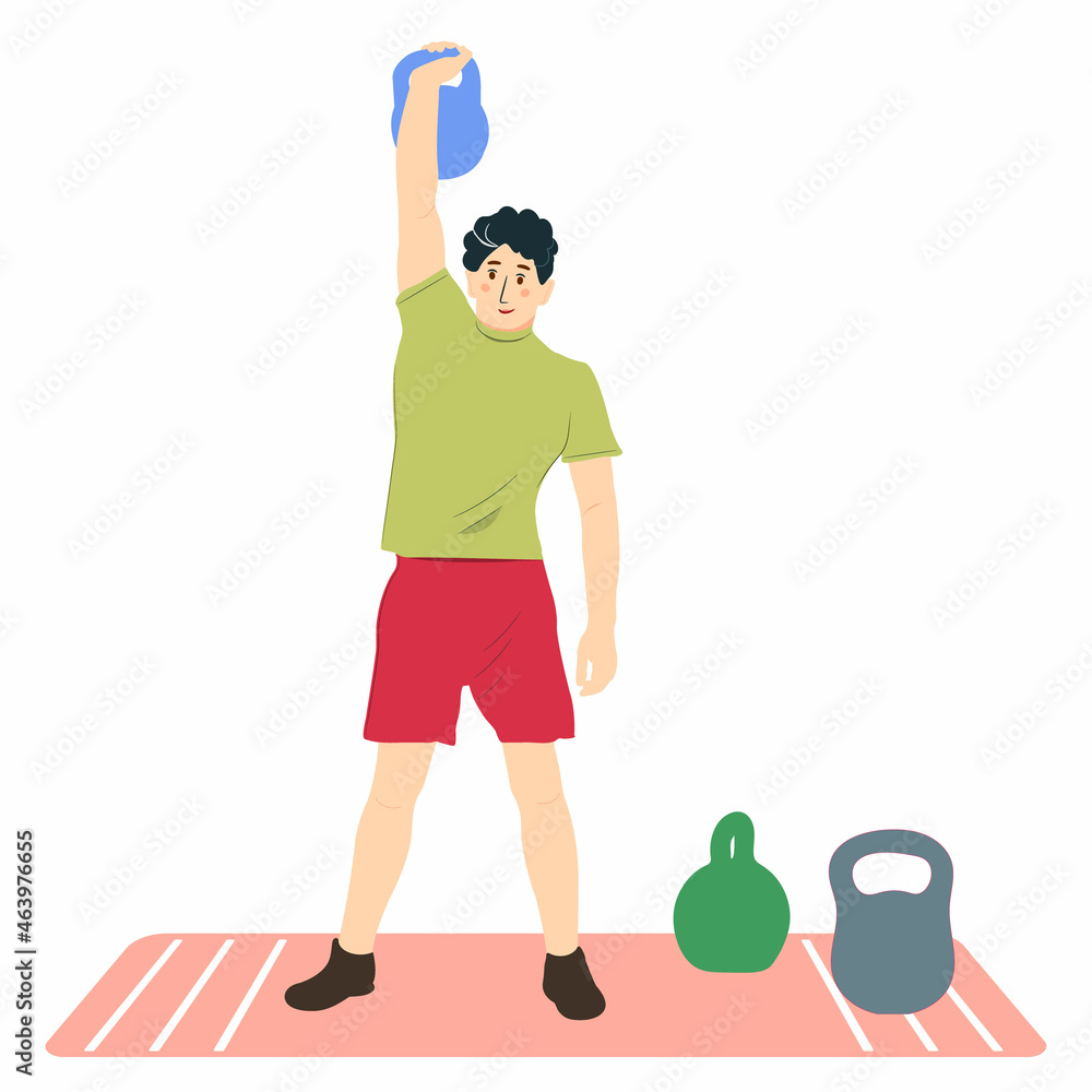 Silhouette of a weightlifter in a standing position with a kettlebell. Sports in the gym. Weight-lifting. Flat style. Isolated vector illustration. Silhouette of a weightlifter in a standing position with a kettlebell. Sports in the gym. Weight-lifting. Flat style. Isolated vector illustration.