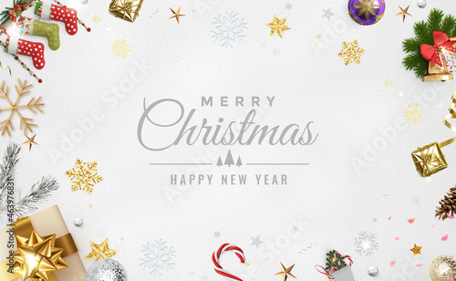 Merry Christmas and Happy New Year celebration decoration composition on white background. Bright Christmas frame of spruce. Christmas, Winter holidays, New Year. Flat lay, top view, copy space.