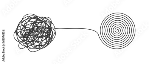Chaos and order business concept flat style design vector illustration isolated on white background. Tangled disorder turns into spiral order line, find solution. Coaching, mentoring or psychotherapy.