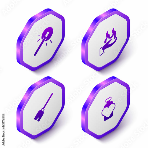 Set Isometric Magic wand, Hand holding fire, Witches broom and Bottle with love potion icon. Purple hexagon button. Vector