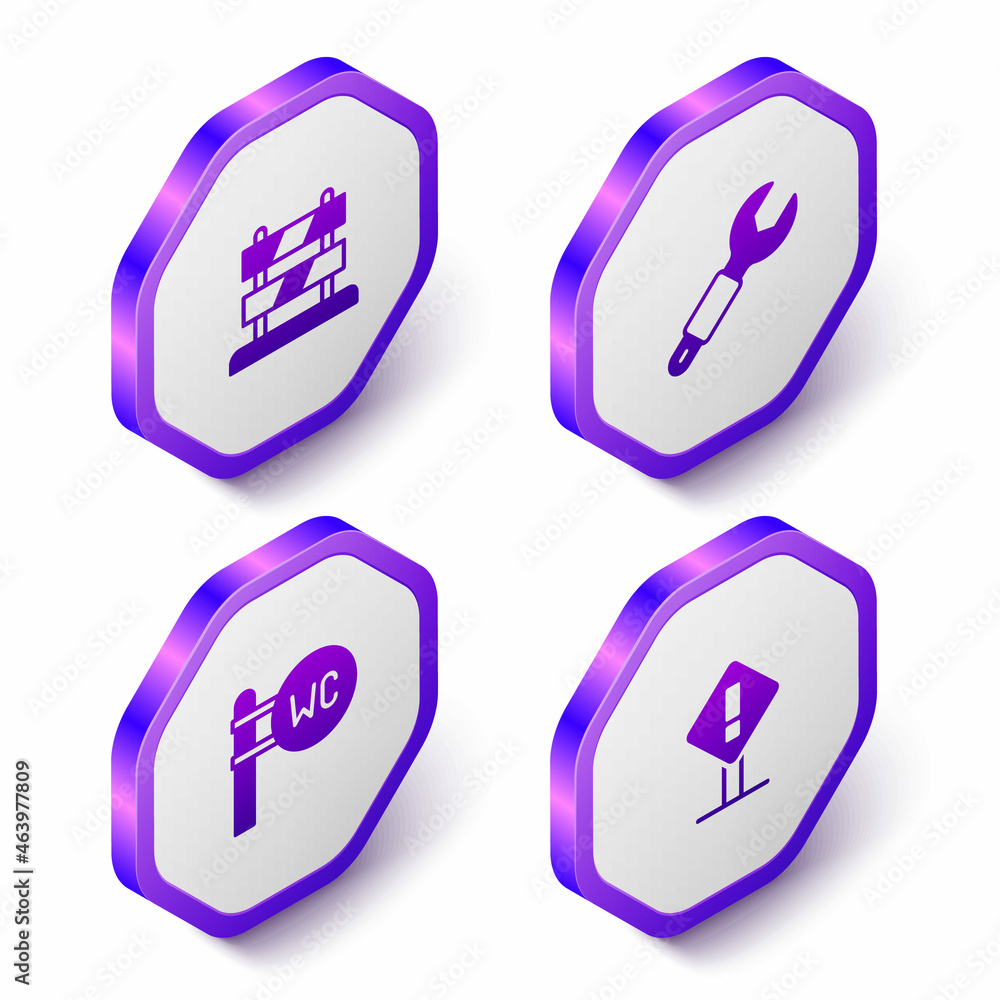 Set Isometric End of railway tracks, Wrench spanner, Toilet and Exclamation mark in square icon. Purple hexagon button. Vector Set Isometric End of railway tracks, Wrench spanner, Toilet and Exclamation mark in square icon. Purple hexagon button. Vector