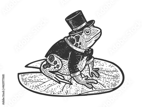 cartoon fairy toad frog in tuxedo and top hat sketch engraving vector illustration. T-shirt apparel print design. Scratch board imitation. Black and white hand drawn image.