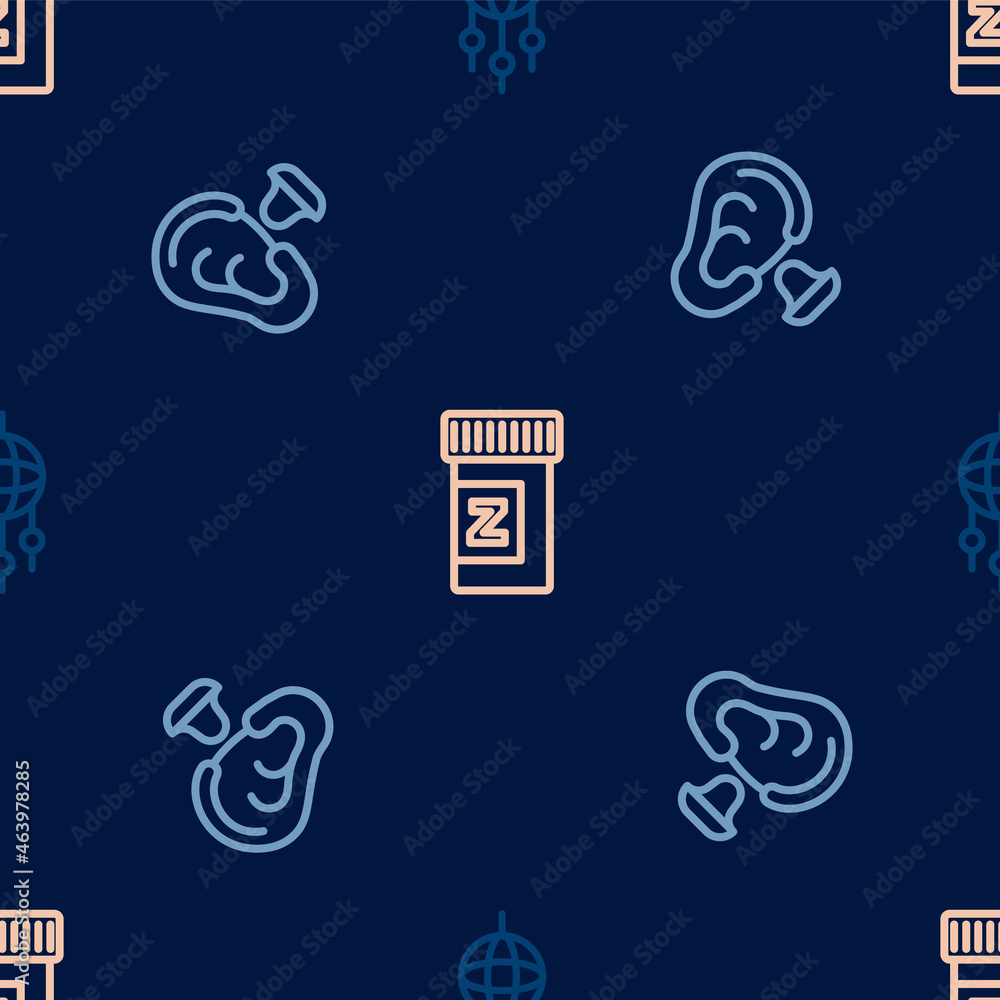 Set line Dream catcher with feathers, Earplugs and ear and Sleeping pill on seamless pattern. Vector Set line Dream catcher with feathers, Earplugs and ear and Sleeping pill on seamless pattern. Vector