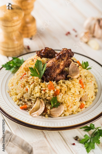 Chicken pilaf in a light plate