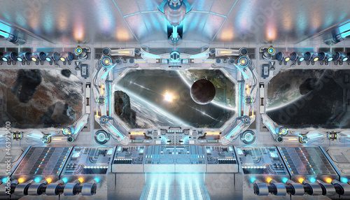 Fototapeta Naklejka Na Ścianę i Meble -  White spaceship interior with glowing blue and red lights. Futuristic spacecraft with large window view on planets in space. 3D rendering