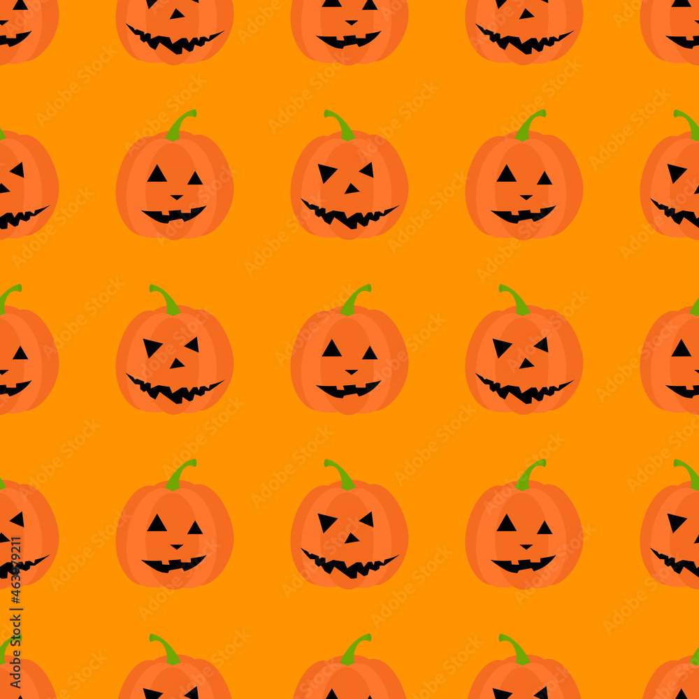 Flat vector illustration. Halloween seamless pattern with pumpkin on orange background. Use for wallpaper, notepad, background, paper, surface textures Flat vector illustration. Halloween seamless pattern with pumpkin on orange background. Use for wallpaper, notepad, background, paper, surface textures