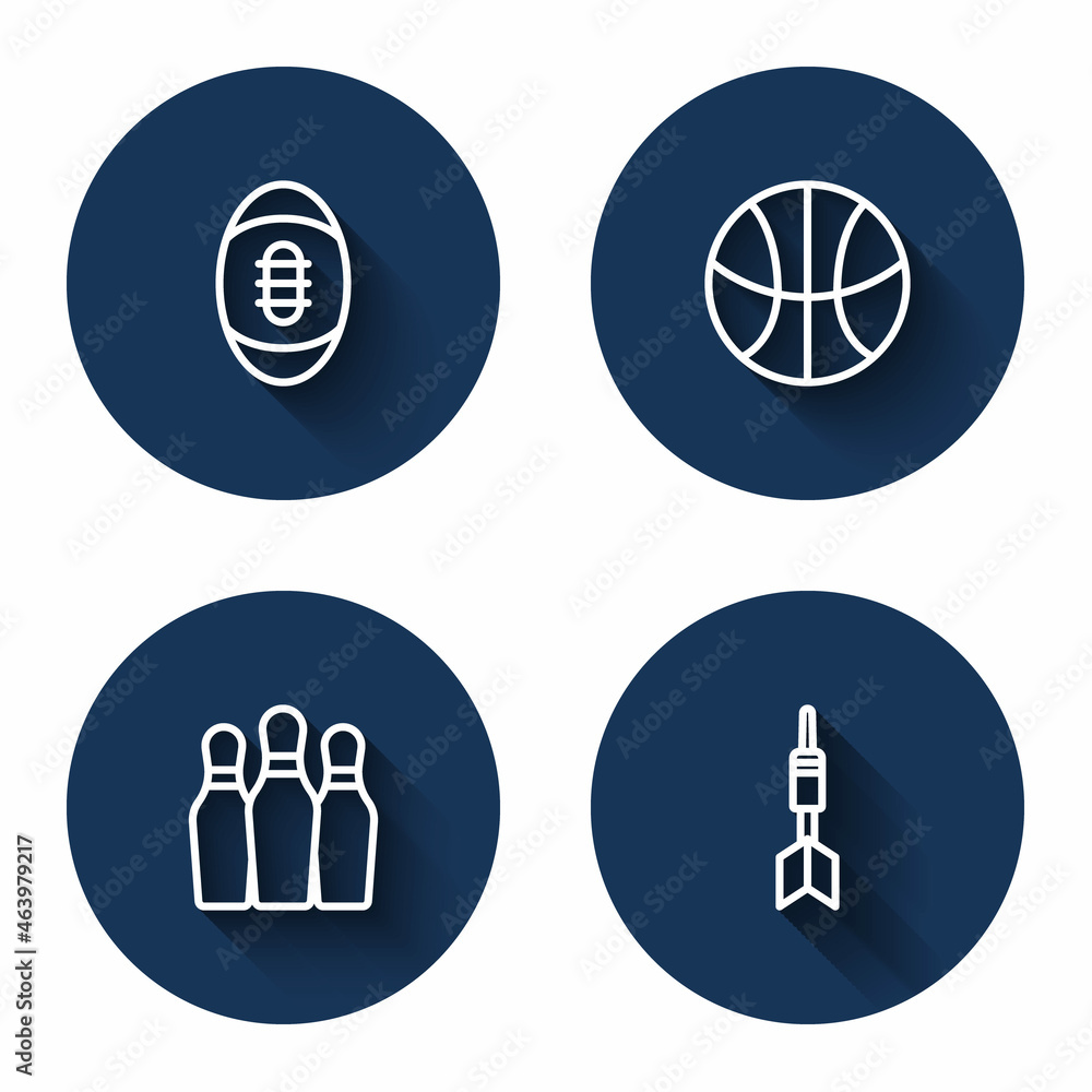 Set line American Football ball, Basketball, Bowling pin and Dart arrow with long shadow. Blue circle button. Vector Set line American Football ball, Basketball, Bowling pin and Dart arrow with long shadow. Blue circle button. Vector