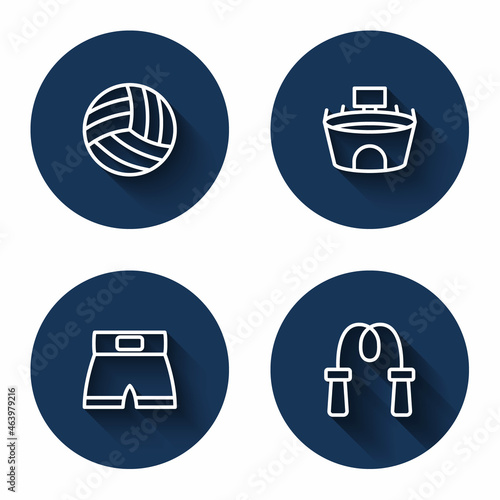 Set line Volleyball ball, Stadium, Boxing short and Jump rope with long shadow. Blue circle button. Vector