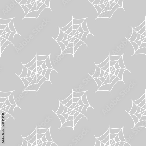 Halloween seamless pattern with splay white cobwebs on grey background. Flat vector illustration. Use for web, notepad, background, paper