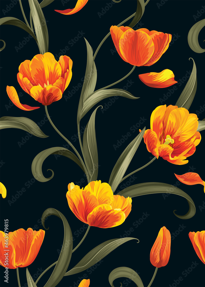 Fototapeta premium Seamless pattern of Tulip flower with leaf background template. Vector set of floral element for tropical print, wedding invitations, greeting card, brochure, banners and fashion design.