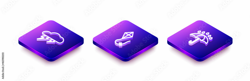 Set Isometric line Cloud and lightning, Kite and Umbrella rain drops icon. Vector Set Isometric line Cloud and lightning, Kite and Umbrella rain drops icon. Vector