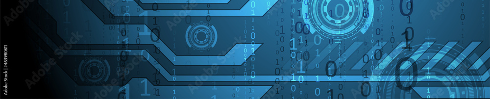 Dark blue technology background with HUD gear elements and binary code ...