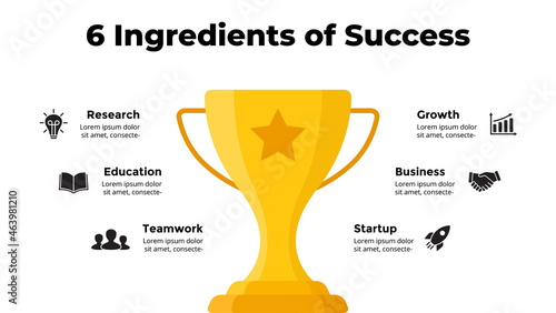 Golden winner cup. Success infographic. Presentation slide template. Diagram chart with 5 steps, processes. 