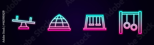 Set line Seesaw, Playground climbing equipment, Swings for kids and Gymnastic rings. Glowing neon icon. Vector