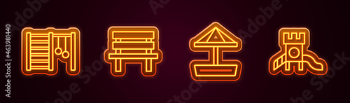 Set line Swedish wall, Bench, Sandbox with sand and Slide playground. Glowing neon icon. Vector
