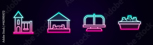 Set line Swing for kids, Sandbox with sand, Attraction carousel and . Glowing neon icon. Vector