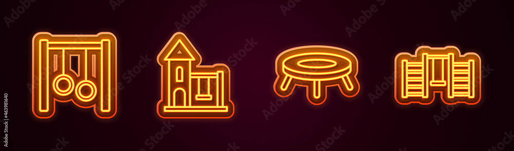 Set line Gymnastic rings, Swing for kids, Jumping trampoline and Swedish wall. Glowing neon icon. Vector Set line Gymnastic rings, Swing for kids, Jumping trampoline and Swedish wall. Glowing neon icon. Vector