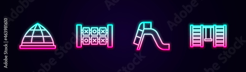 Set line Playground climbing equipment, Education logic game, Slide playground and Swedish wall. Glowing neon icon. Vector