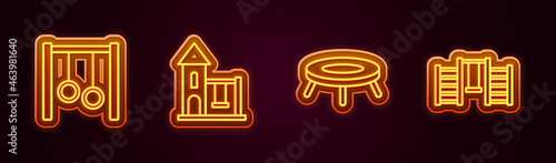 Set line Gymnastic rings, Swing for kids, Jumping trampoline and Swedish wall. Glowing neon icon. Vector