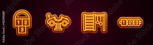 Set line Hopscotch, Swing car, Swedish wall and Education logic game. Glowing neon icon. Vector