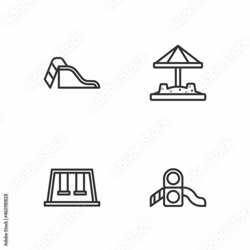 Set line Slide playground, Swings for kids, and Sandbox with sand icon. Vector