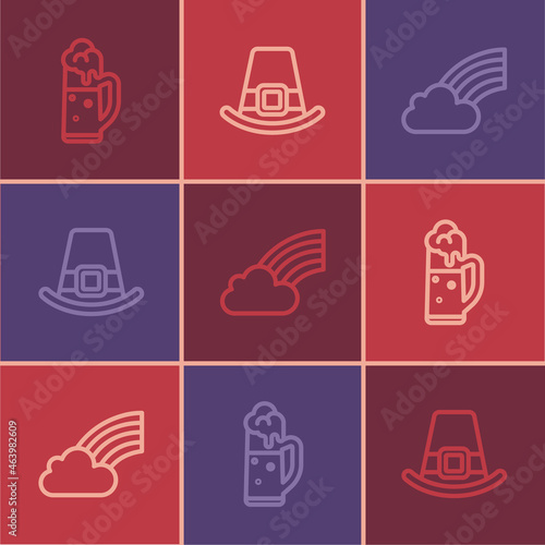 Set line Glass of beer, Rainbow with cloud and Leprechaun hat icon. Vector