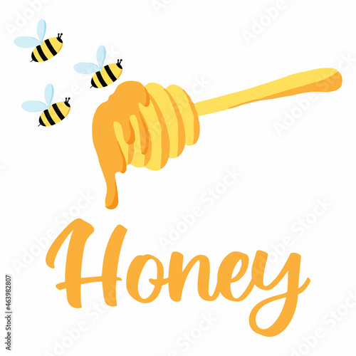 Hand drawn poster with honey spoon and bees. Postcard or poster for honey store.