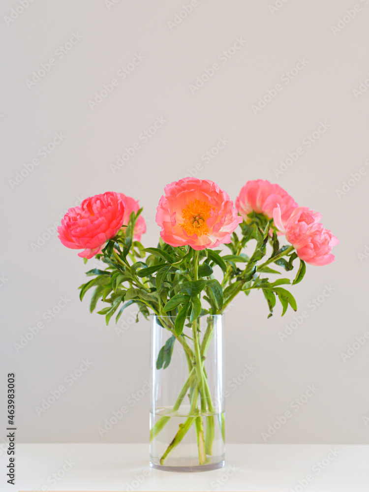 Fototapeta premium The art of floral decorations. A bouquet made of rose peonies in a glass pot against a neutral background. Beautiful flowers.