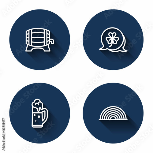 Set line Wooden barrel on rack, Clover trefoil leaf, Glass of beer and Rainbow with long shadow. Blue circle button. Vector